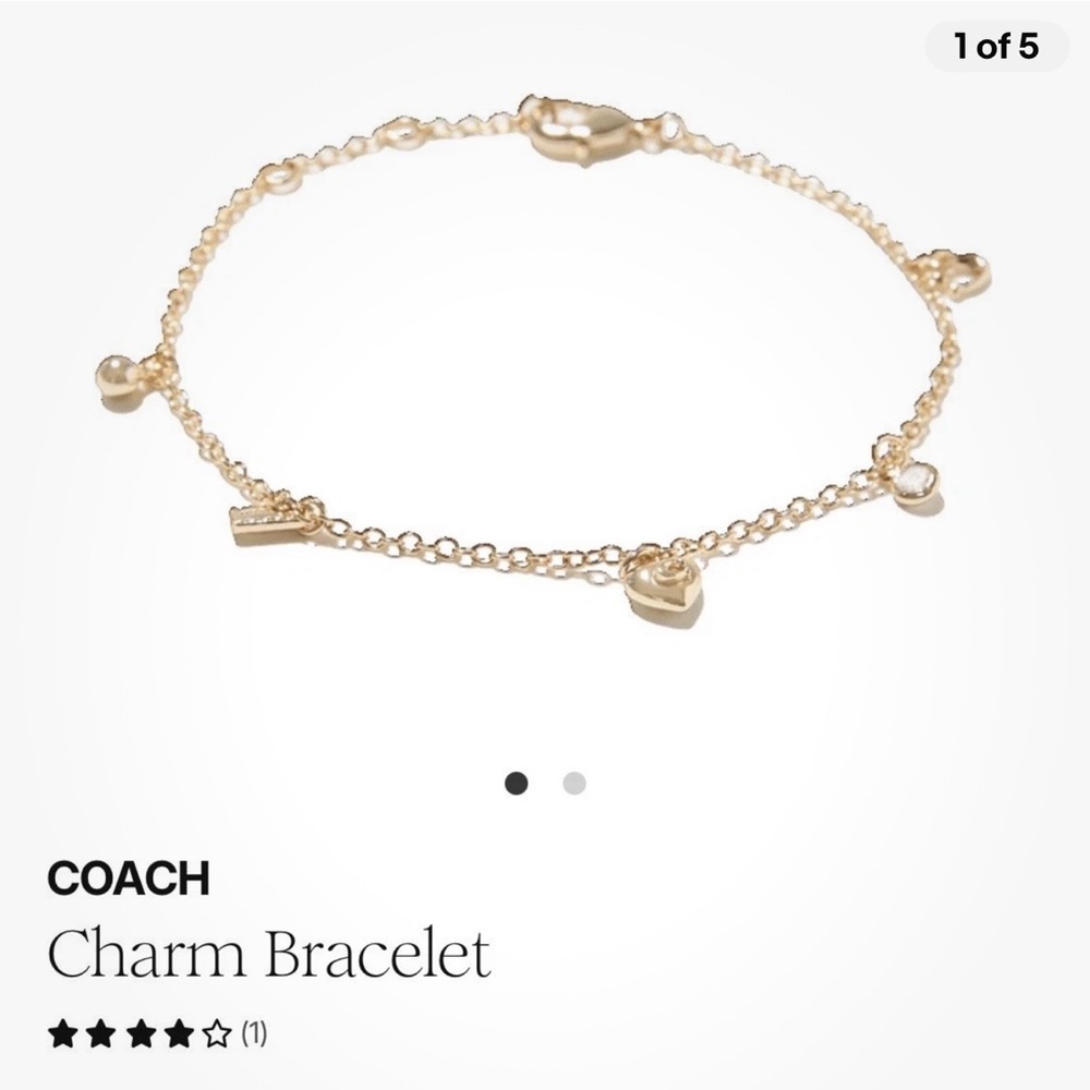 Coach Gold Tone Charm Bracelet NWT W/ Dust Bag Puffy Heart C CZ 7.5 Inches